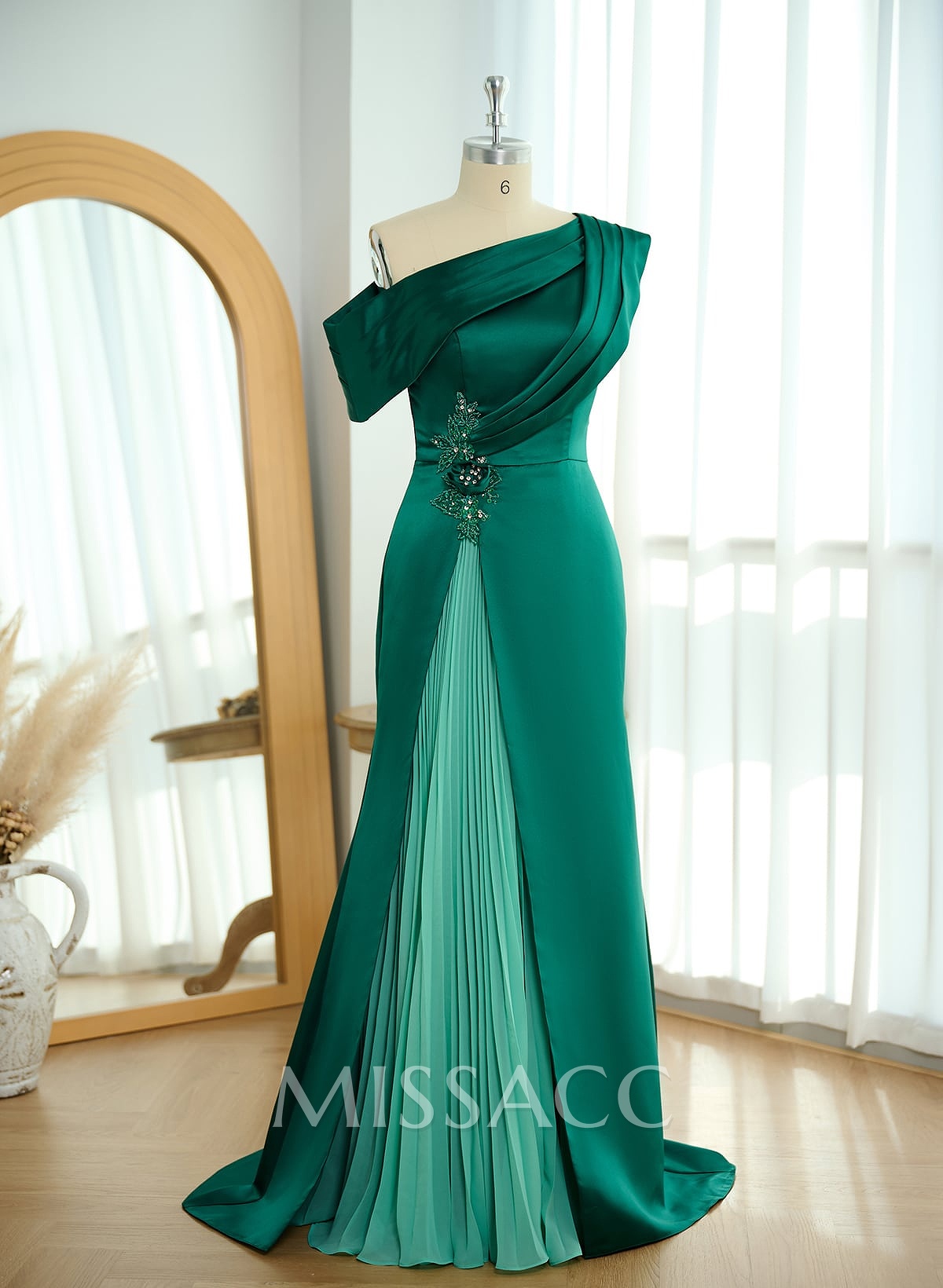 Elegant Asymmetrical Neckline Pleated Sweep Train Satin/Chiffon Evening Dresses Elegant Asymmetrical Neckline Pleated Sweep Train Satin/Chiffon Evening Dresses