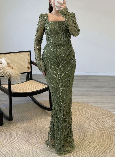 Luxury Square Neckline Long Sleeves Back Slit Floor-Length Evening Dresses