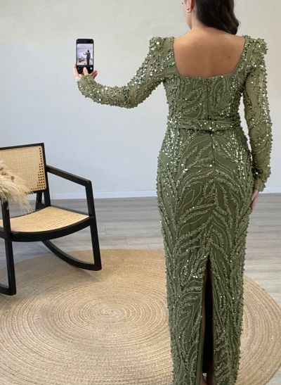 Luxury Square Neckline Long Sleeves Back Slit Floor-Length Evening Dresses