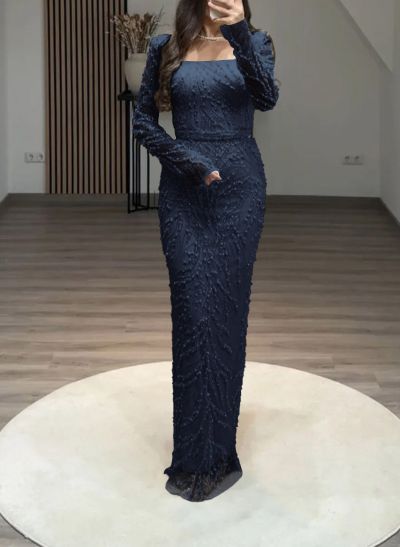 Luxury Square Neckline Long Sleeves Back Slit Floor-Length Evening Dresses Luxury Square Neckline Long Sleeves Back Slit Floor-Length Evening Dresses