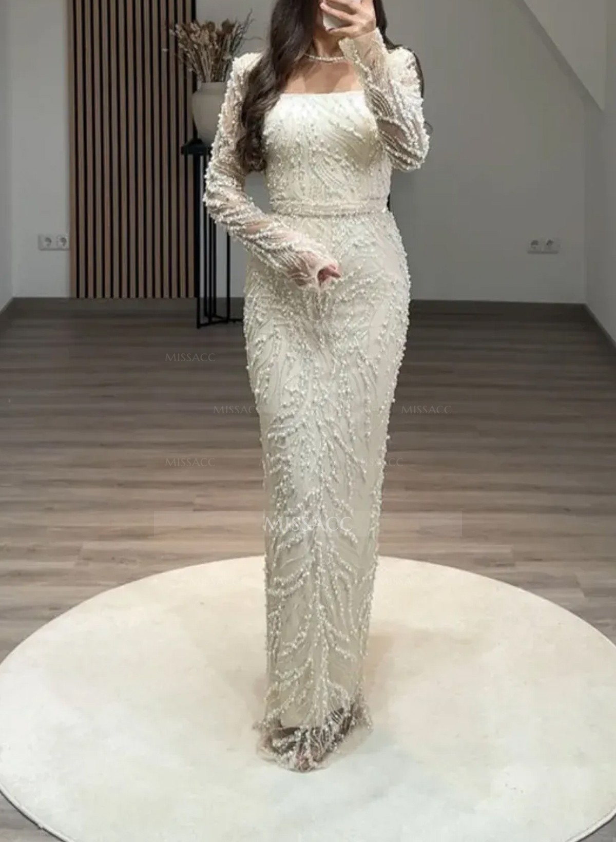 Luxury Square Neckline Long Sleeves Back Slit Floor-Length Evening Dresses
