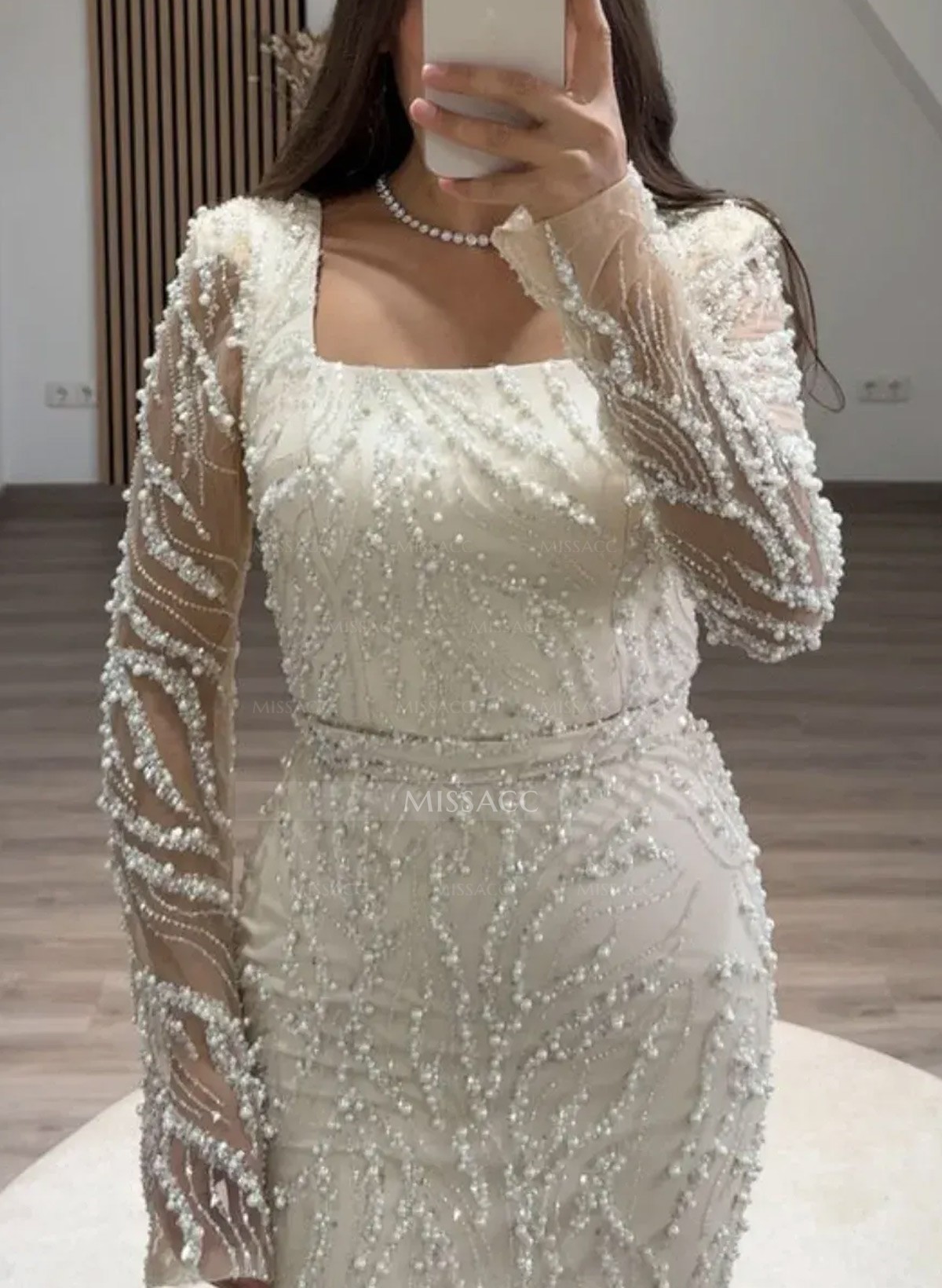 Luxury Square Neckline Long Sleeves Back Slit Floor-Length Evening Dresses