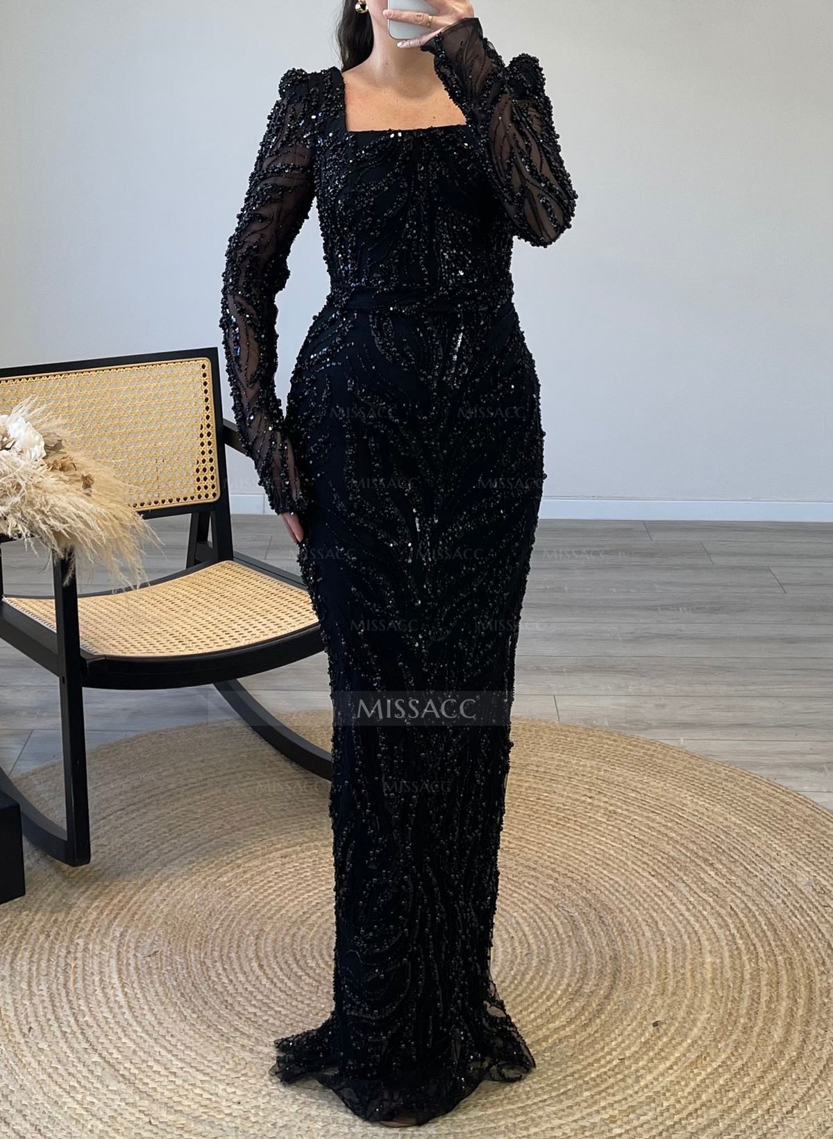 Luxury Square Neckline Long Sleeves Back Slit Floor-Length Evening Dresses