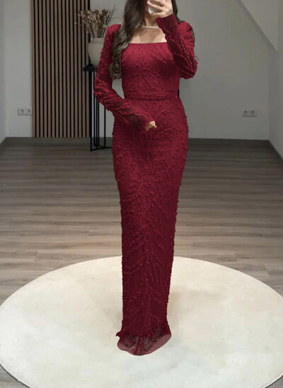 Luxury Square Neckline Long Sleeves Back Slit Floor-Length Evening Dresses