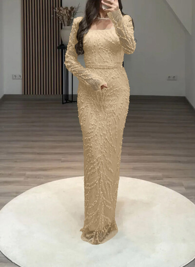 Luxury Square Neckline Long Sleeves Back Slit Floor-Length Evening Dresses