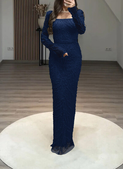 Luxury Square Neckline Long Sleeves Back Slit Floor-Length Evening Dresses