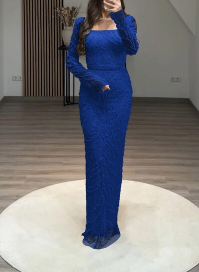 Luxury Square Neckline Long Sleeves Back Slit Floor-Length Evening Dresses