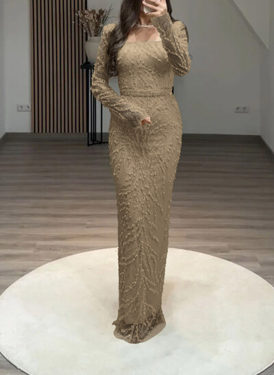 Luxury Square Neckline Long Sleeves Back Slit Floor-Length Evening Dresses