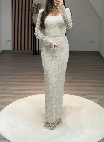 Luxury Square Neckline Long Sleeves Back Slit Floor-Length Evening Dresses