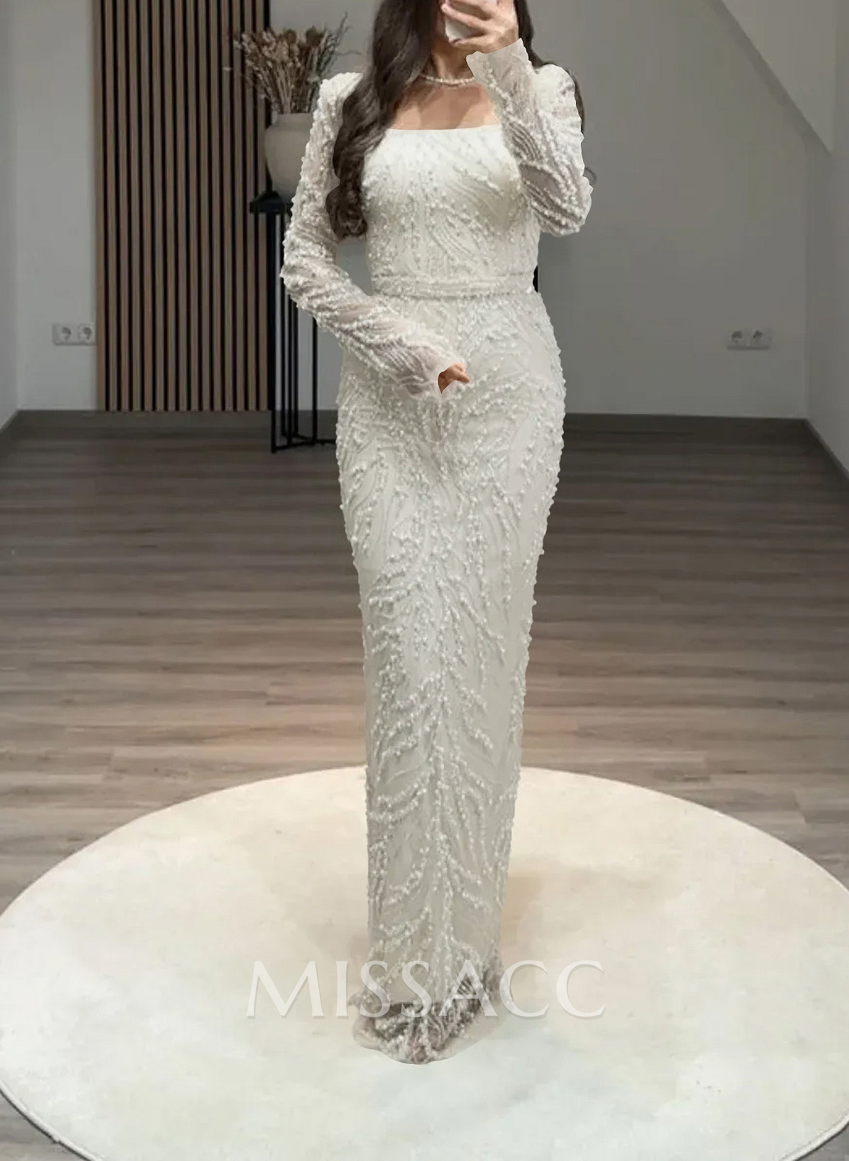 Luxury Square Neckline Long Sleeves Back Slit Floor-Length Evening Dresses