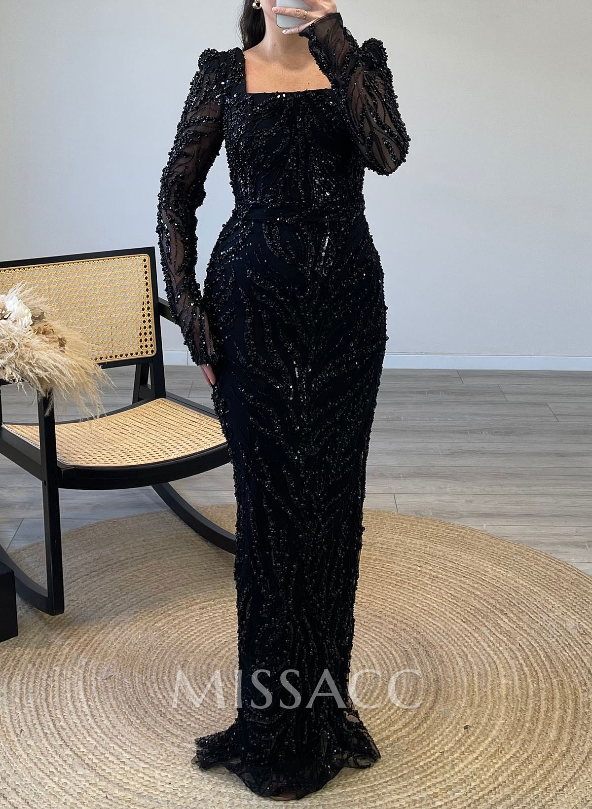 Luxury Square Neckline Long Sleeves Back Slit Floor-Length Evening Dresses Luxury Square Neckline Long Sleeves Back Slit Floor-Length Evening Dresses