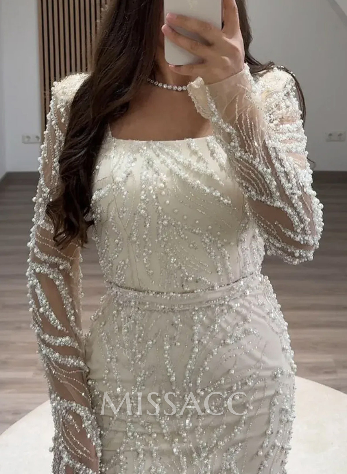 Luxury Square Neckline Long Sleeves Back Slit Floor-Length Evening Dresses