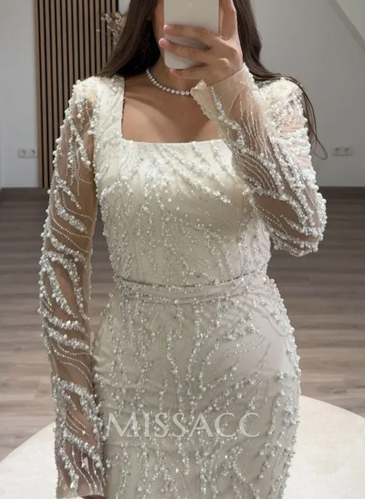 Luxury Square Neckline Long Sleeves Back Slit Floor-Length Evening Dresses
