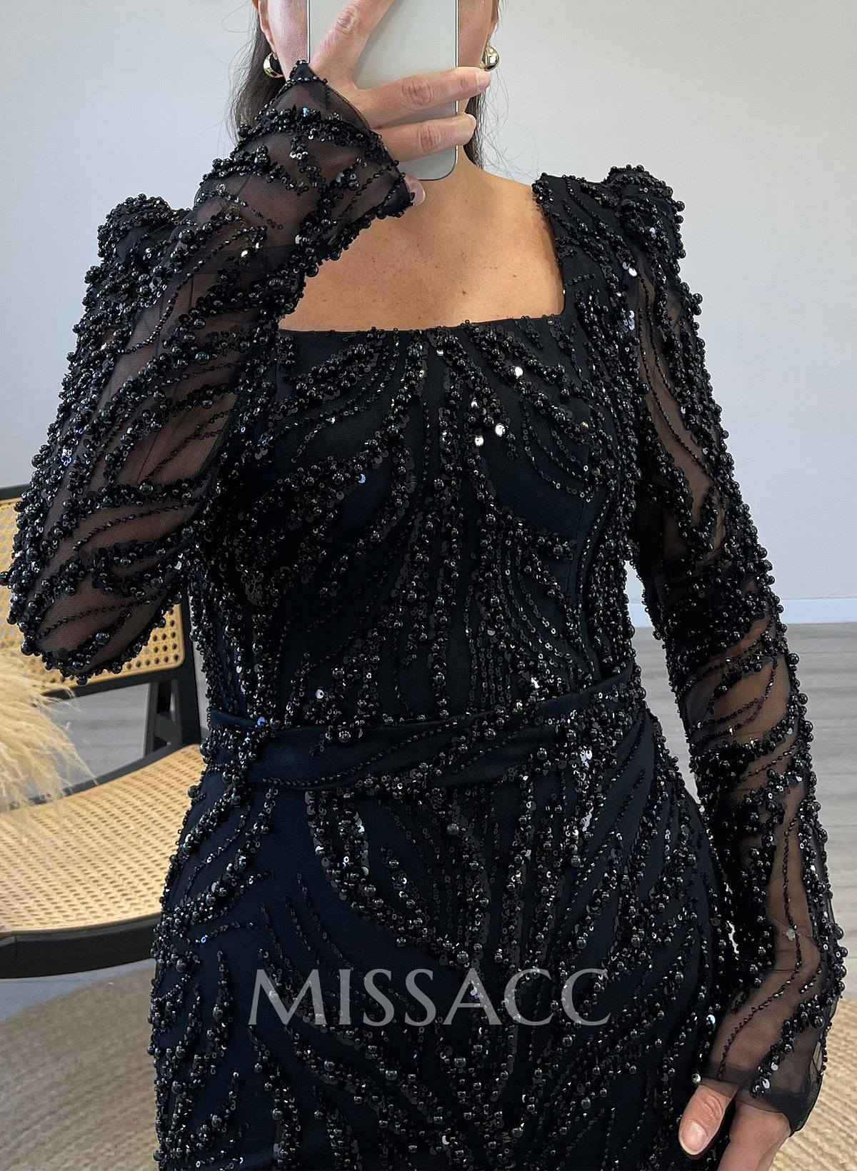 Luxury Square Neckline Long Sleeves Back Slit Floor-Length Evening Dresses Luxury Square Neckline Long Sleeves Back Slit Floor-Length Evening Dresses