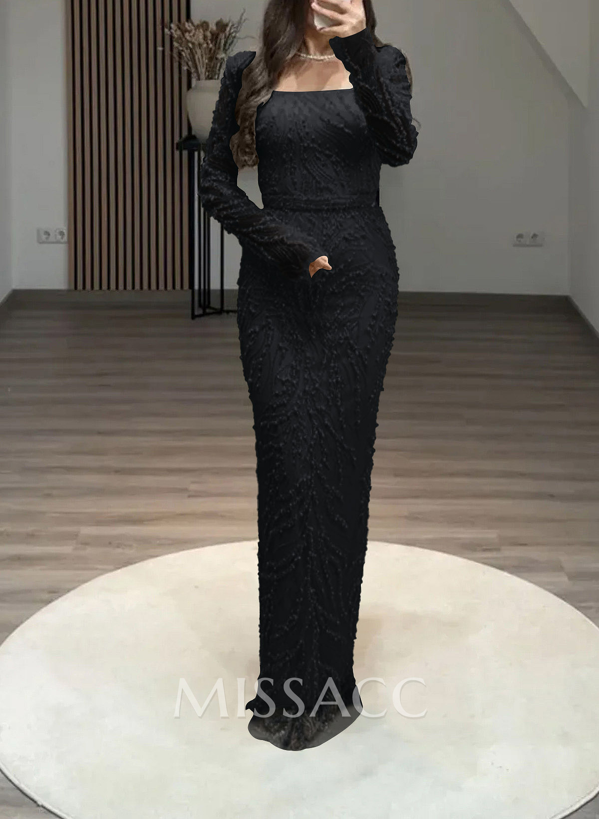 Luxury Square Neckline Long Sleeves Back Slit Floor-Length Evening Dresses Luxury Square Neckline Long Sleeves Back Slit Floor-Length Evening Dresses