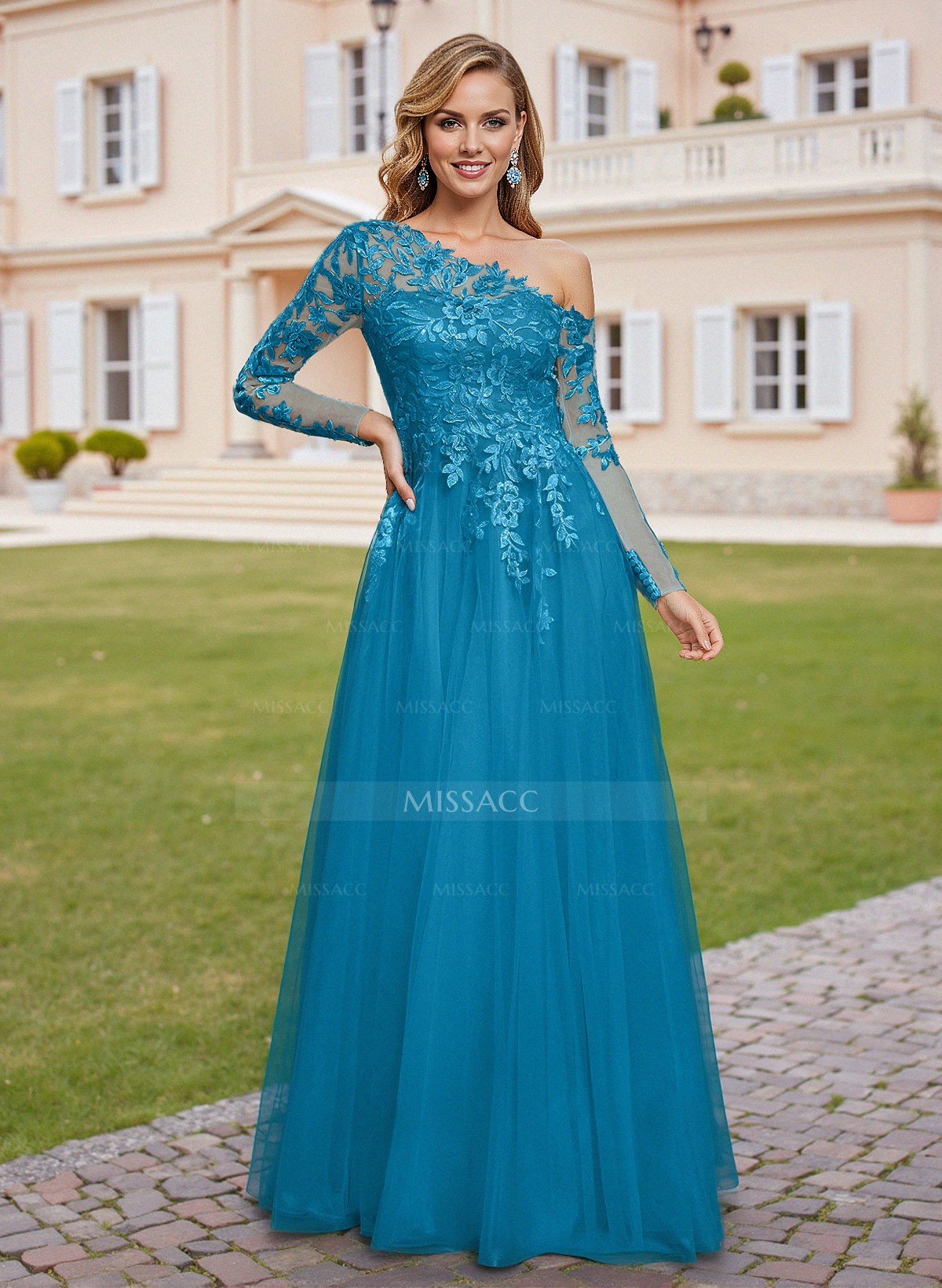 Modest A-Line One-Shoulder Tulle Mother Of The Bride Dresses With Appliques Lace