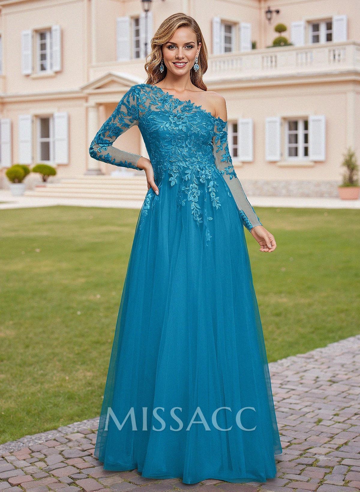 Modest A-Line One-Shoulder Tulle Mother Of The Bride Dresses With Appliques Lace