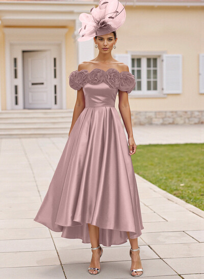 Elegant A-Line Off-The-Shoulder Asymmetrical Satin Mother Of The Bride Dresses With Flower