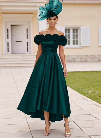 Elegant A-Line Off-The-Shoulder Asymmetrical Satin Mother Of The Bride Dresses With Flower