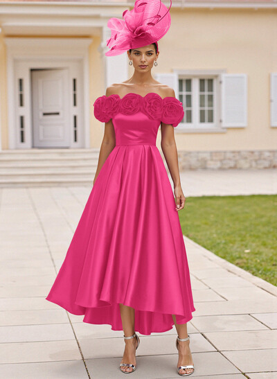 Elegant A-Line Off-The-Shoulder Asymmetrical Satin Mother Of The Bride Dresses With Flower