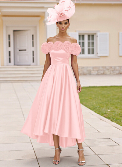 Elegant A-Line Off-The-Shoulder Asymmetrical Satin Mother Of The Bride Dresses With Flower