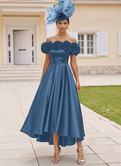 Elegant A-Line Off-The-Shoulder Asymmetrical Satin Mother Of The Bride Dresses With Flower