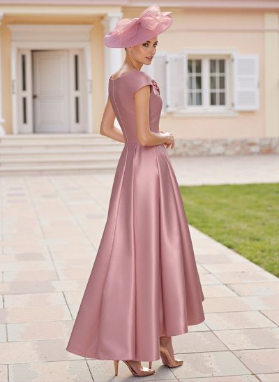 Classic A-Line Sleeveless Asymmetrical Satin Mother Of The Bride Dresses With Flower