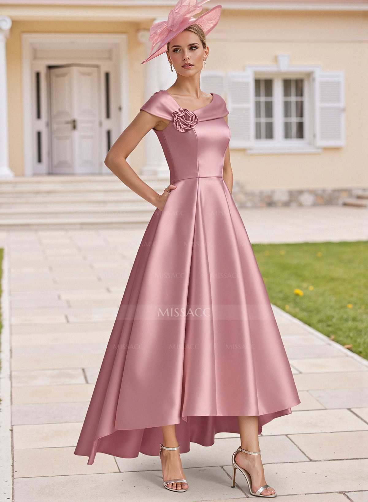 Classic A-Line Sleeveless Asymmetrical Satin Mother Of The Bride Dresses With Flower