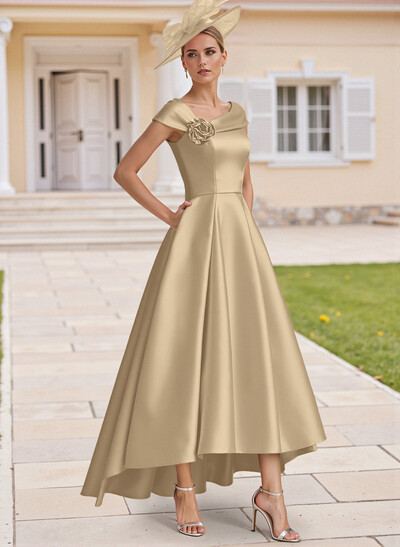 Classic A-Line Sleeveless Asymmetrical Satin Mother Of The Bride Dresses With Flower