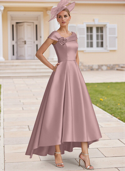 Classic A-Line Sleeveless Asymmetrical Satin Mother Of The Bride Dresses With Flower