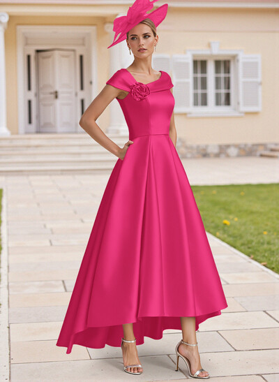 Classic A-Line Sleeveless Asymmetrical Satin Mother Of The Bride Dresses With Flower