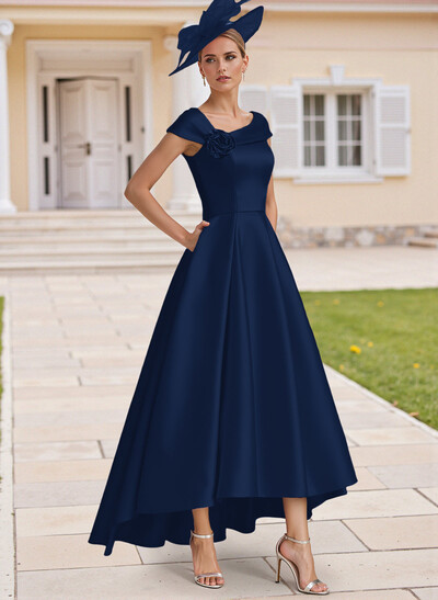 Classic A-Line Sleeveless Asymmetrical Satin Mother Of The Bride Dresses With Flower