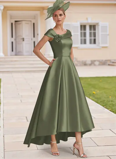Missacc Dusty Blue Mother Of The Bride Dresses Classic A-Line Sleeveless Asymmetrical Satin Mother Of The Bride Dresses With Flower