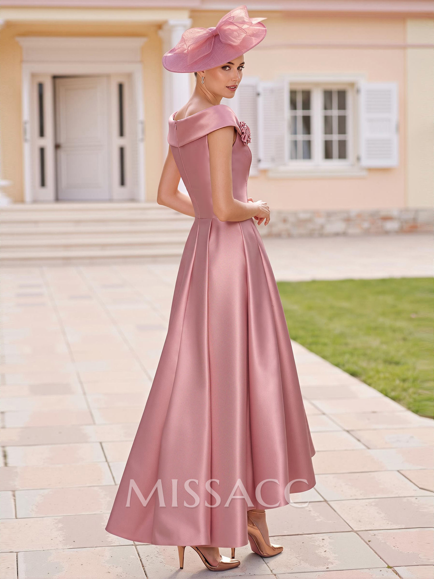 Classic A-Line Sleeveless Asymmetrical Satin Mother Of The Bride Dresses With Flower Classic A-Line Sleeveless Asymmetrical Satin Mother Of The Bride Dresses With Flower