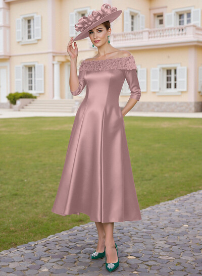 Elegant A-Line Off-The-Shoulder Satin Mother Of The Bride Dresses With Flower(s)