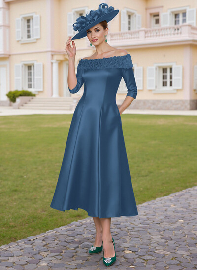 Elegant A-Line Off-The-Shoulder Satin Mother Of The Bride Dresses With Flower(s)