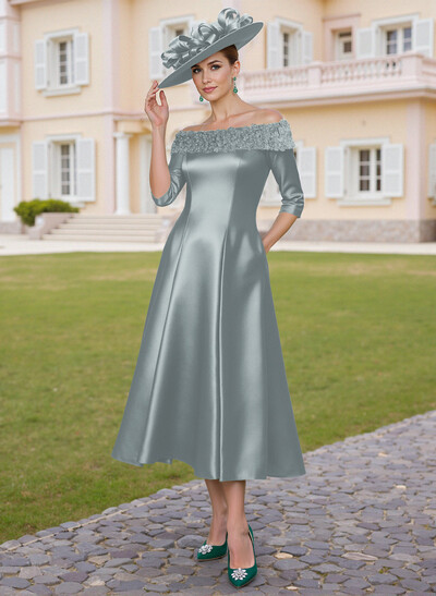 Elegant A-Line Off-The-Shoulder Satin Mother Of The Bride Dresses With Flower(s)