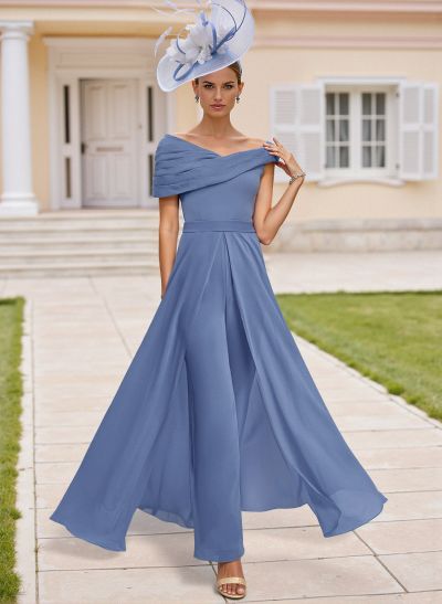 Jumpsuit Asymmetrical Short Sleeves Chiffon Mother Of The Bride Dresses With Pleated