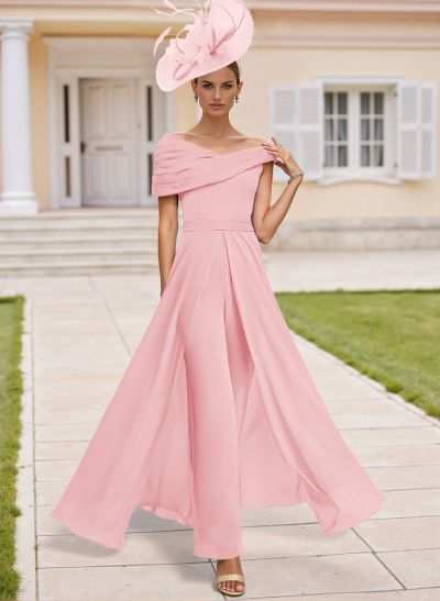 Jumpsuit Asymmetrical Short Sleeves Chiffon Mother Of The Bride Dresses With Pleated