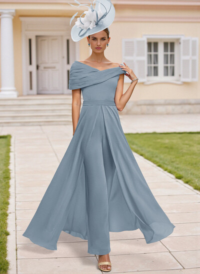 Jumpsuit Asymmetrical Short Sleeves Chiffon Mother Of The Bride Dresses With Pleated
