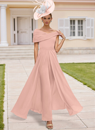 Jumpsuit Asymmetrical Short Sleeves Chiffon Mother Of The Bride Dresses With Pleated