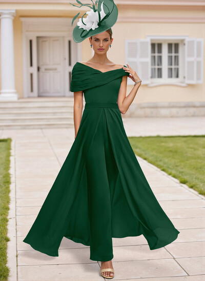 Jumpsuit Asymmetrical Short Sleeves Chiffon Mother Of The Bride Dresses With Pleated