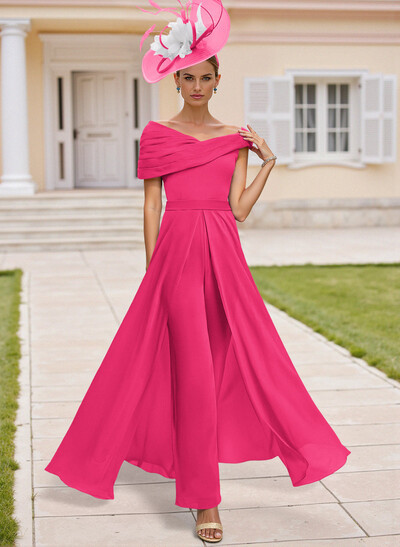 Jumpsuit Asymmetrical Short Sleeves Chiffon Mother Of The Bride Dresses With Pleated