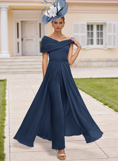 Jumpsuit Asymmetrical Short Sleeves Chiffon Mother Of The Bride Dresses With Pleated