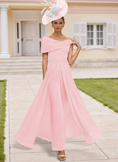 Jumpsuit Asymmetrical Short Sleeves Chiffon Mother Of The Bride Dresses With Pleated