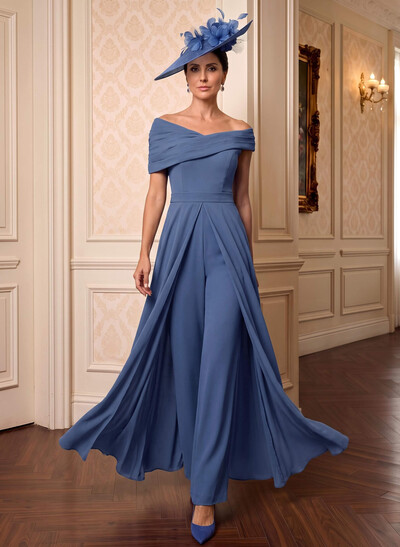 Chiffon Mother Of The Bride Jumpsuit/Trouser Suit, Asymmetric Short Sleeves, Floor-Length With Pleats