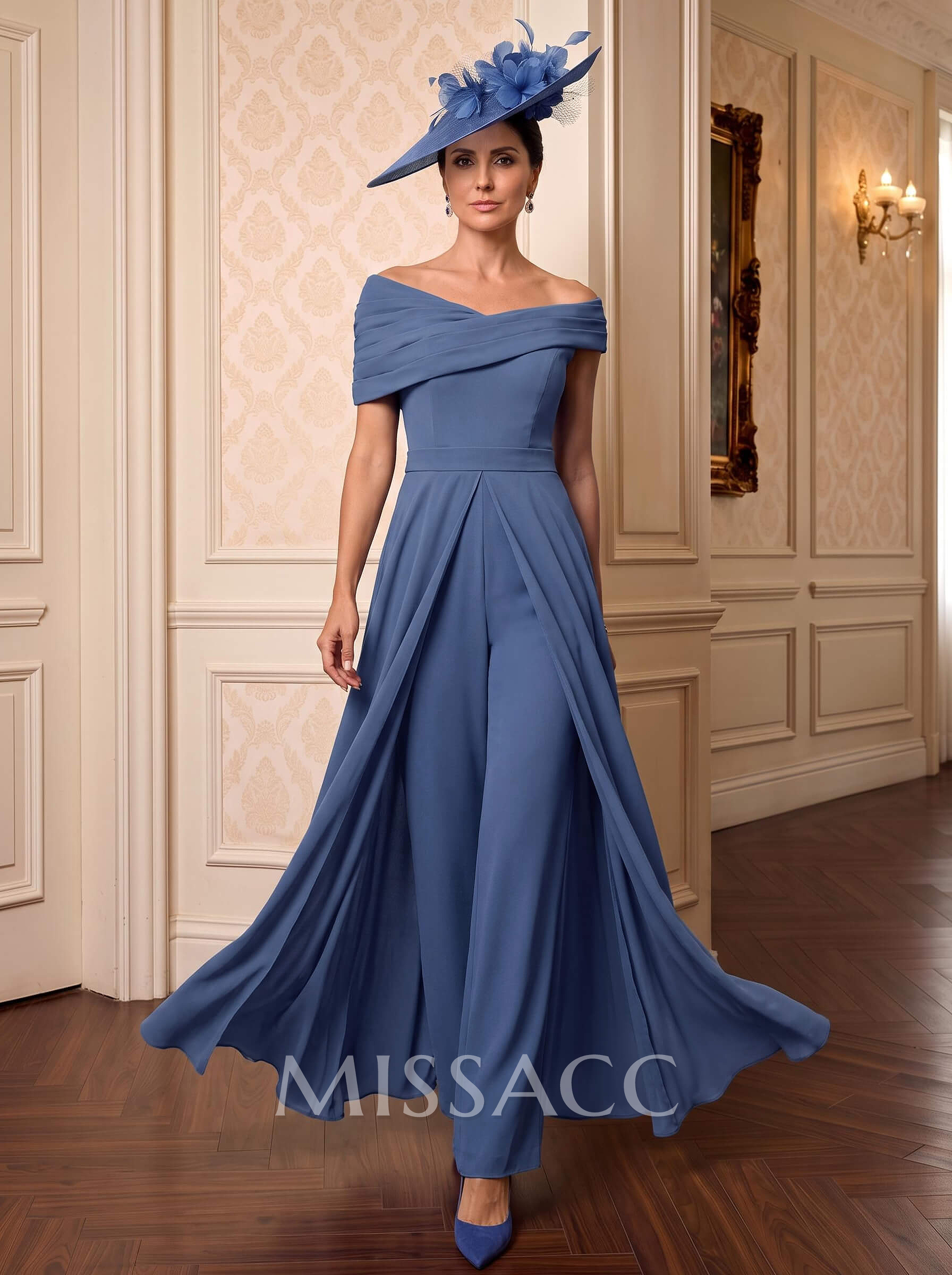 Jumpsuit/Pantsuit Asymmetrical Short Sleeves Floor-Length Chiffon Mother Of The Bride Dresses With Pleated Jumpsuit/Pantsuit Asymmetrical Short Sleeves Floor-Length Chiffon Mother Of The Bride Dresses With Pleated