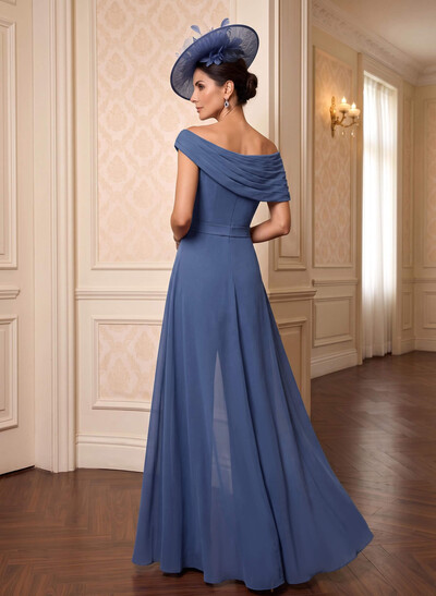 Chiffon Mother Of The Bride Jumpsuit/Trouser Suit, Asymmetric Short Sleeves, Floor-Length With Pleats