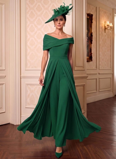 Jumpsuit/Pantsuit Asymmetrical Short Sleeves Floor-Length Chiffon Mother Of The Bride Dresses With Pleated