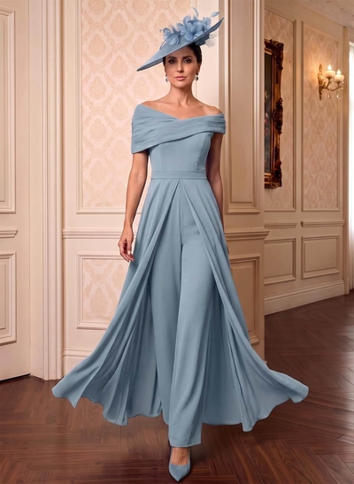 Jumpsuit/Pantsuit Asymmetrical Short Sleeves Floor-Length Chiffon Mother Of The Bride Dresses With Pleated